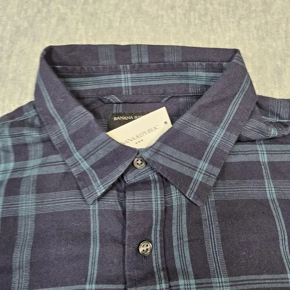 Banana Republic Shirt Mens XL Blue Plaid Flannel Button Up Long Sleeve
